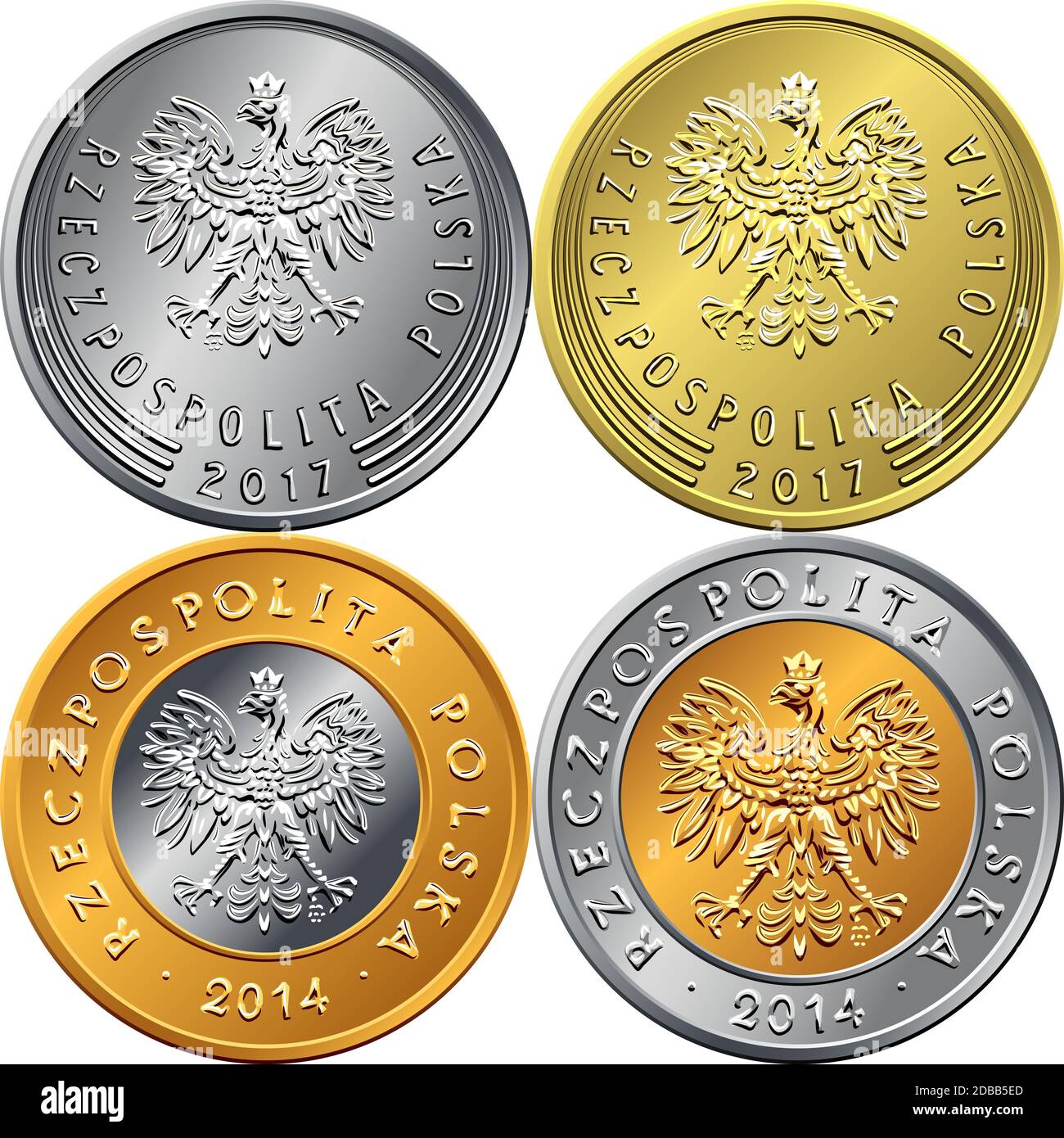 Ensemble vectoriel de pièces d'or et d'argent polonais obverses avec aigle dans une couronne Banque D'Images
