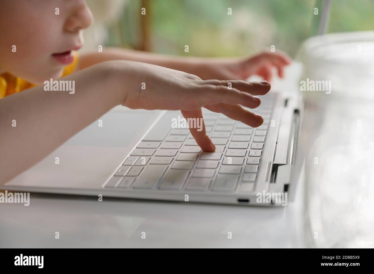 Boy (4-5) à l'aide de l'ordinateur portable Banque D'Images