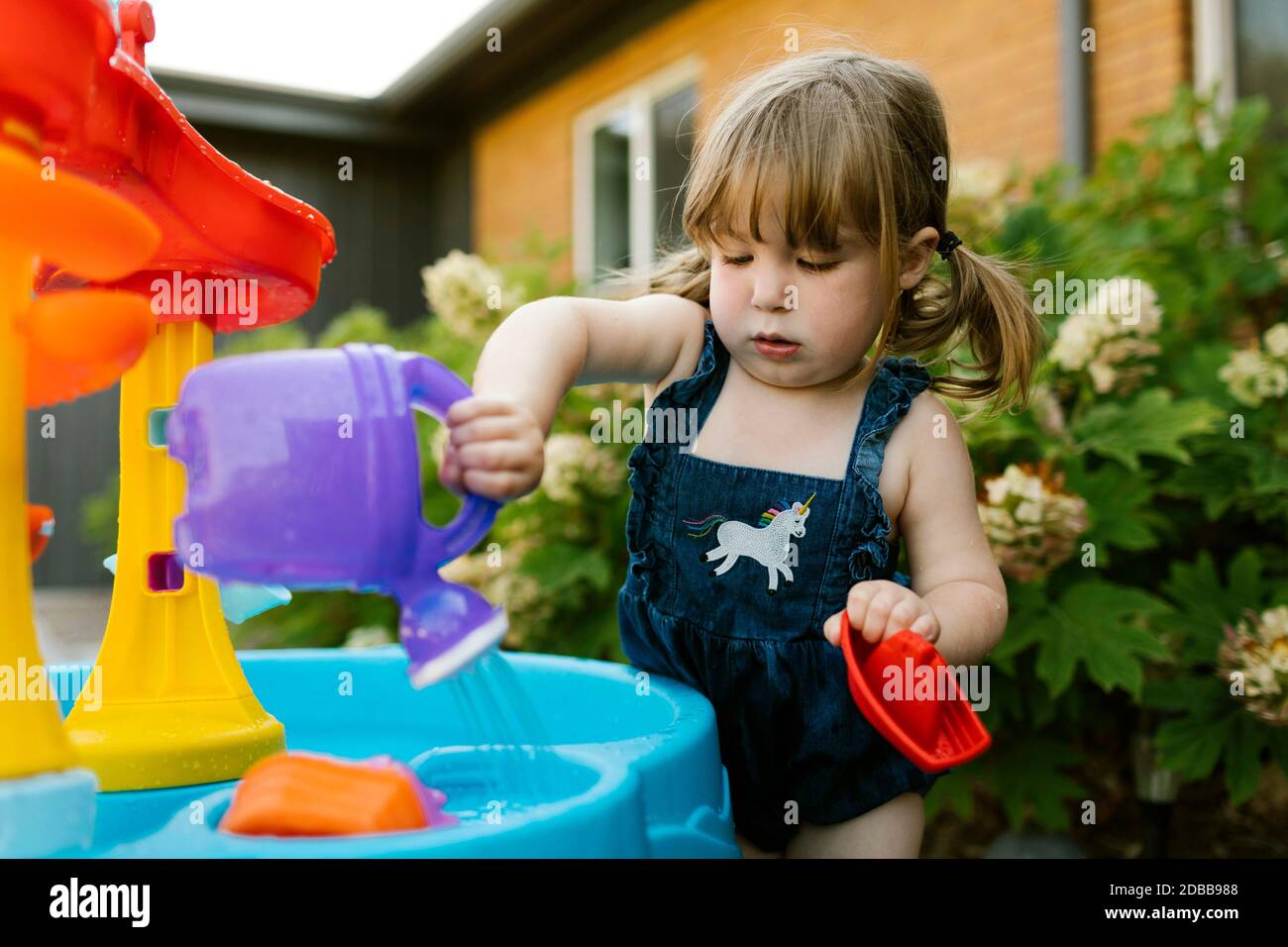Petite fille (2-3) jouant avec de l'eau dans le jardin Banque D'Images