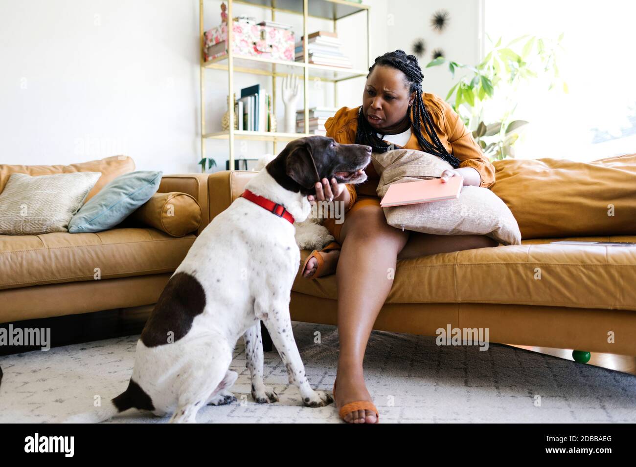 Femme assise sur un canapé et portant son chien Banque D'Images