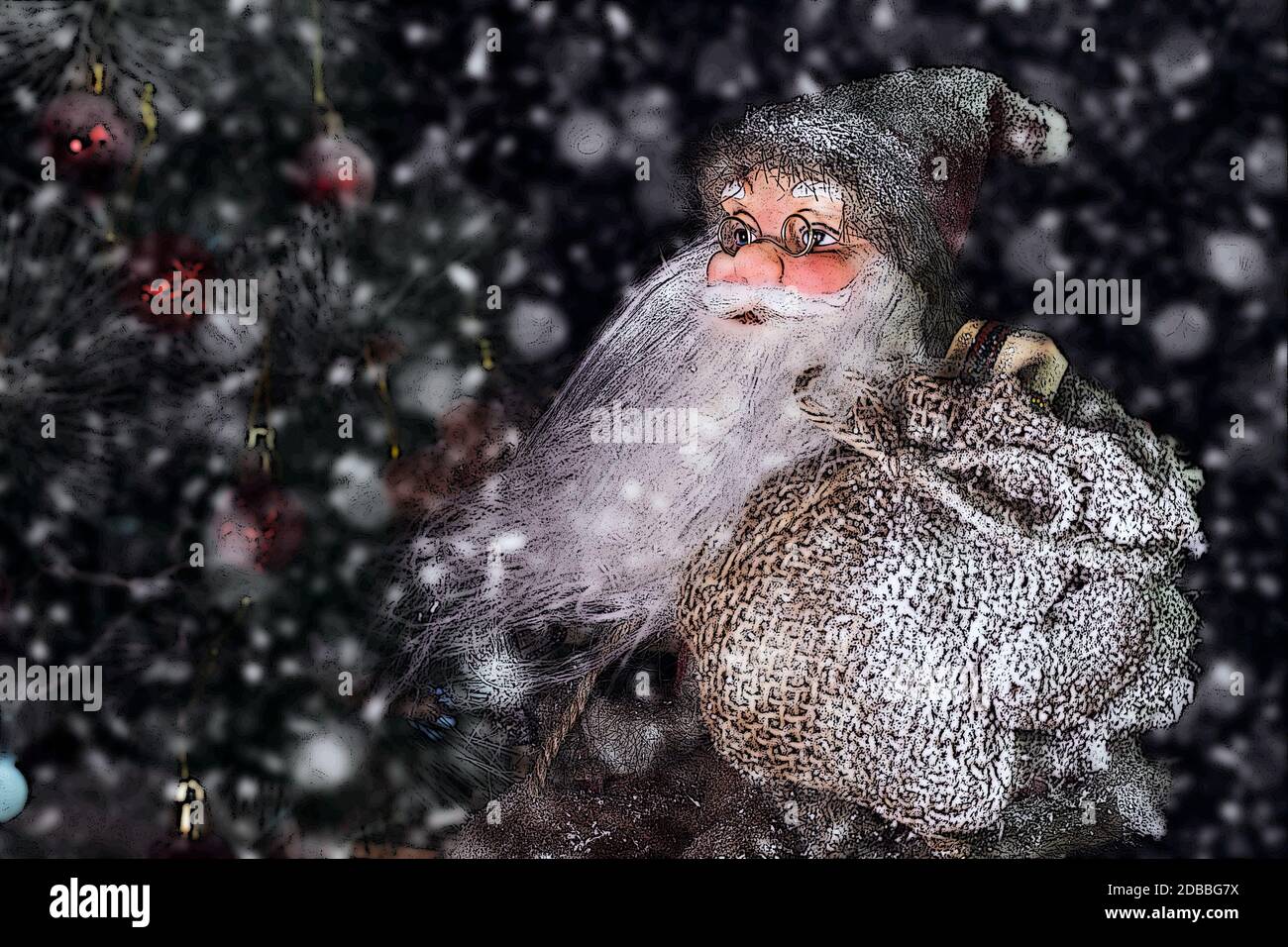 Le Père Noël en plein air à côté d'arbre de Noël dans la neige transportant des cadeaux aux enfants. Joyeux Noël & Nouvel An concept Banque D'Images