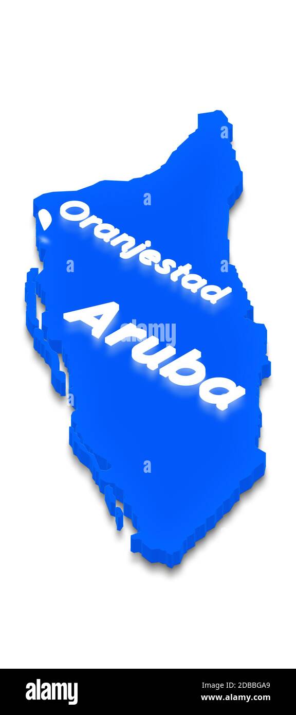 Illustration d'une carte de terre bleue d'Aruba sur fond blanc isolé. Projection de perspective isométrique 3D gauche avec le nom d'éclairage du pays an Banque D'Images