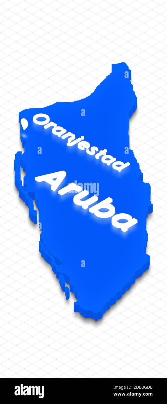 Illustration d'une carte de terre bleue d'Aruba sur fond de grille. Projection de perspective isométrique 3D gauche avec le nom d'éclairage du pays et du capital Banque D'Images