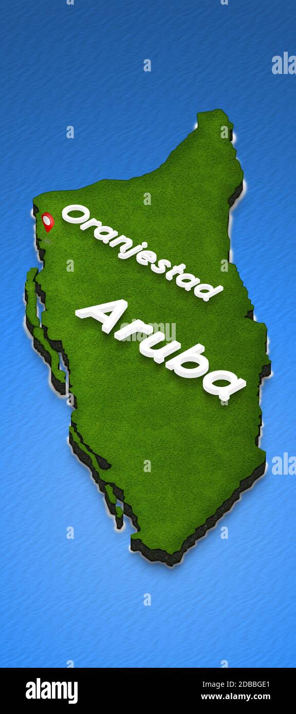 Illustration d'une carte verte d'Aruba sur fond d'eau. Projection de perspective isométrique 3D gauche avec le nom du pays et de la capitale Oranjes Banque D'Images
