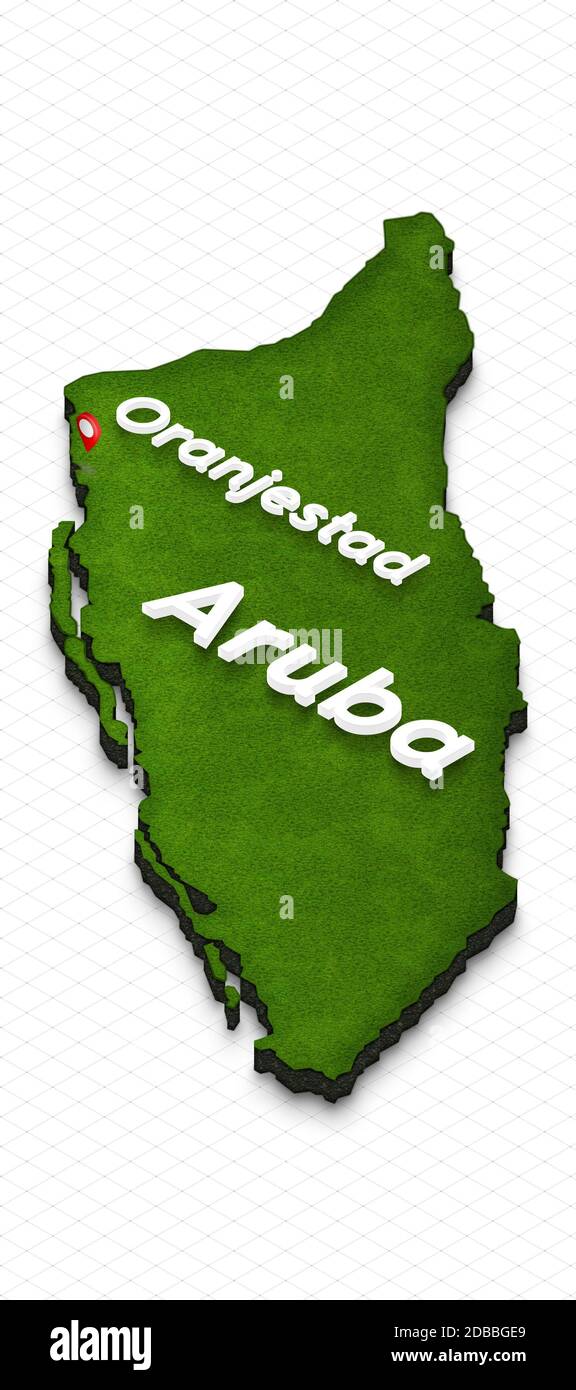 Illustration d'une carte verte d'Aruba sur fond de grille. Projection isométrique 3D gauche avec le nom du pays et de la capitale Oranjest Banque D'Images