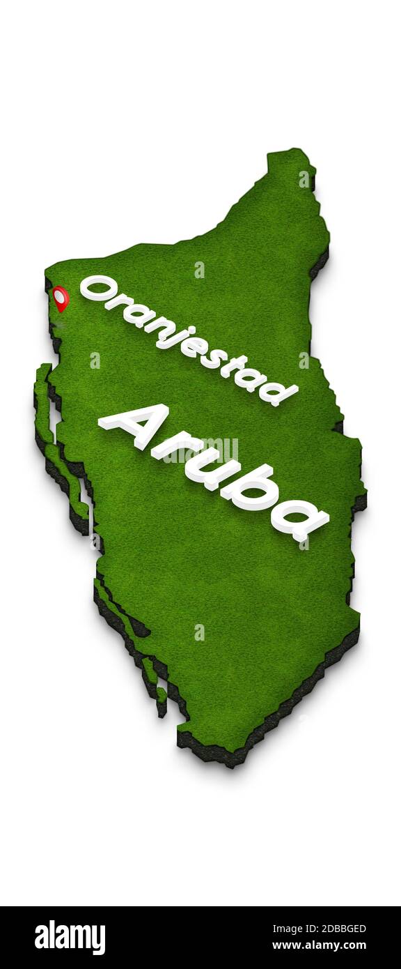 Illustration d'une carte de terre verte d'Aruba sur fond blanc isolé. Projection de perspective isométrique 3D gauche avec le nom du pays et de la tête Banque D'Images