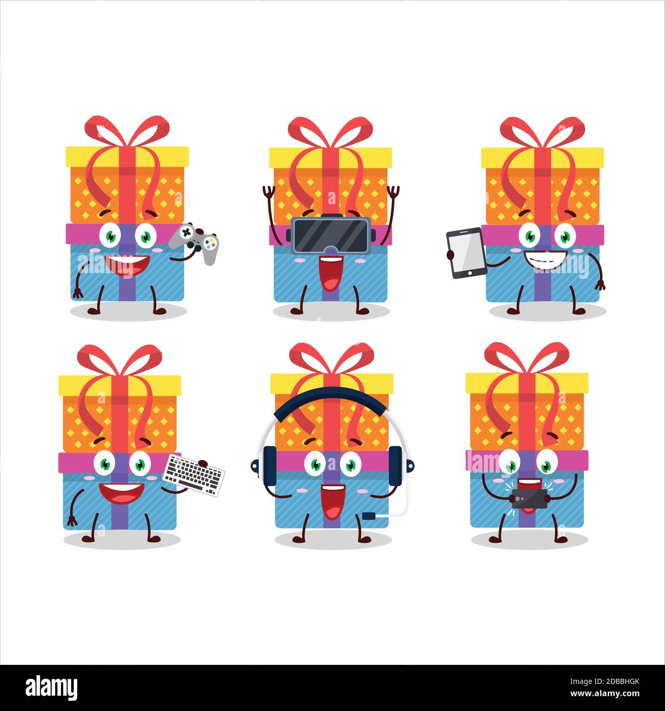 Double boîte cadeau personnage de dessin animé jouent à des jeux avec divers émoticônes mignons Illustration de Vecteur