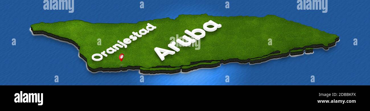 Illustration d'une carte verte d'Aruba sur fond d'eau. Projection isométrique 3D droite avec le nom du pays et de la capitale Oranje Banque D'Images