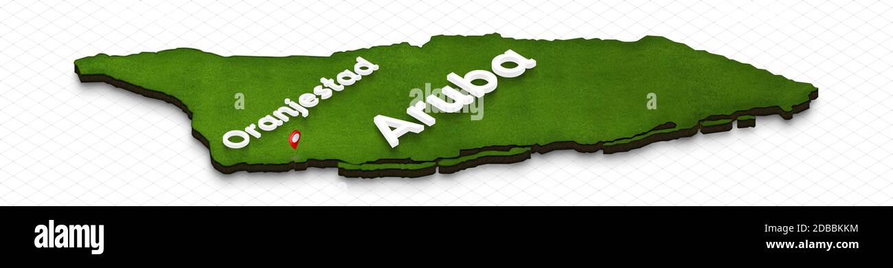 Illustration d'une carte verte d'Aruba sur fond de grille. Projection isométrique 3D droite avec le nom du pays et de la capitale Oranjes Banque D'Images