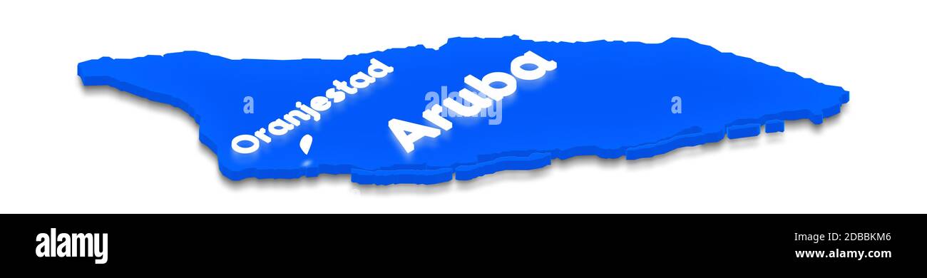 Illustration d'une carte de terre bleue d'Aruba sur fond blanc isolé. Projection de perspective isométrique 3D droite avec le nom d'éclairage du pays A. Banque D'Images