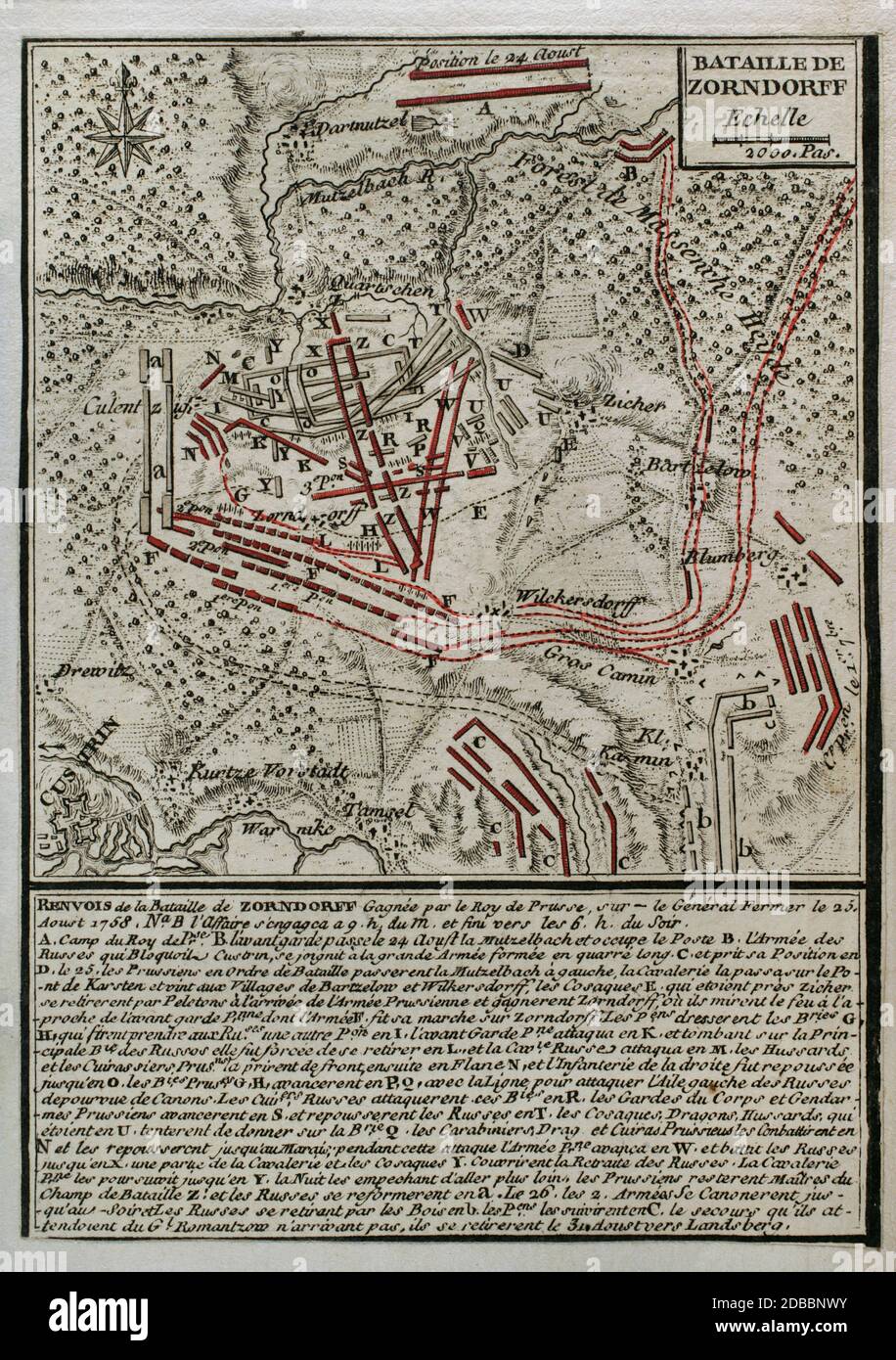 Batalla de Zorndorff. Tuvo lugar el 25 de agosto de 1758 en el marco de la Guerra de los Siete Años. El ejército prusiano de Federico II el Grande luchó y venció a las tropas rudas al mando del Conde Guillermo Fermor. Grabado publicado en 1765 por el cartógrafo Jean de Beaurain (1696-1771) como ilustración de su Gran mapa de Alemania, con los eventos que tuvieron lugar durante la Guerra de Los Siete Años. Guerra de 1755 a 1763. Edición francesa, 1765. Biblioteca Histórico Militar de Barcelone. Catalogne, Espagne. Banque D'Images