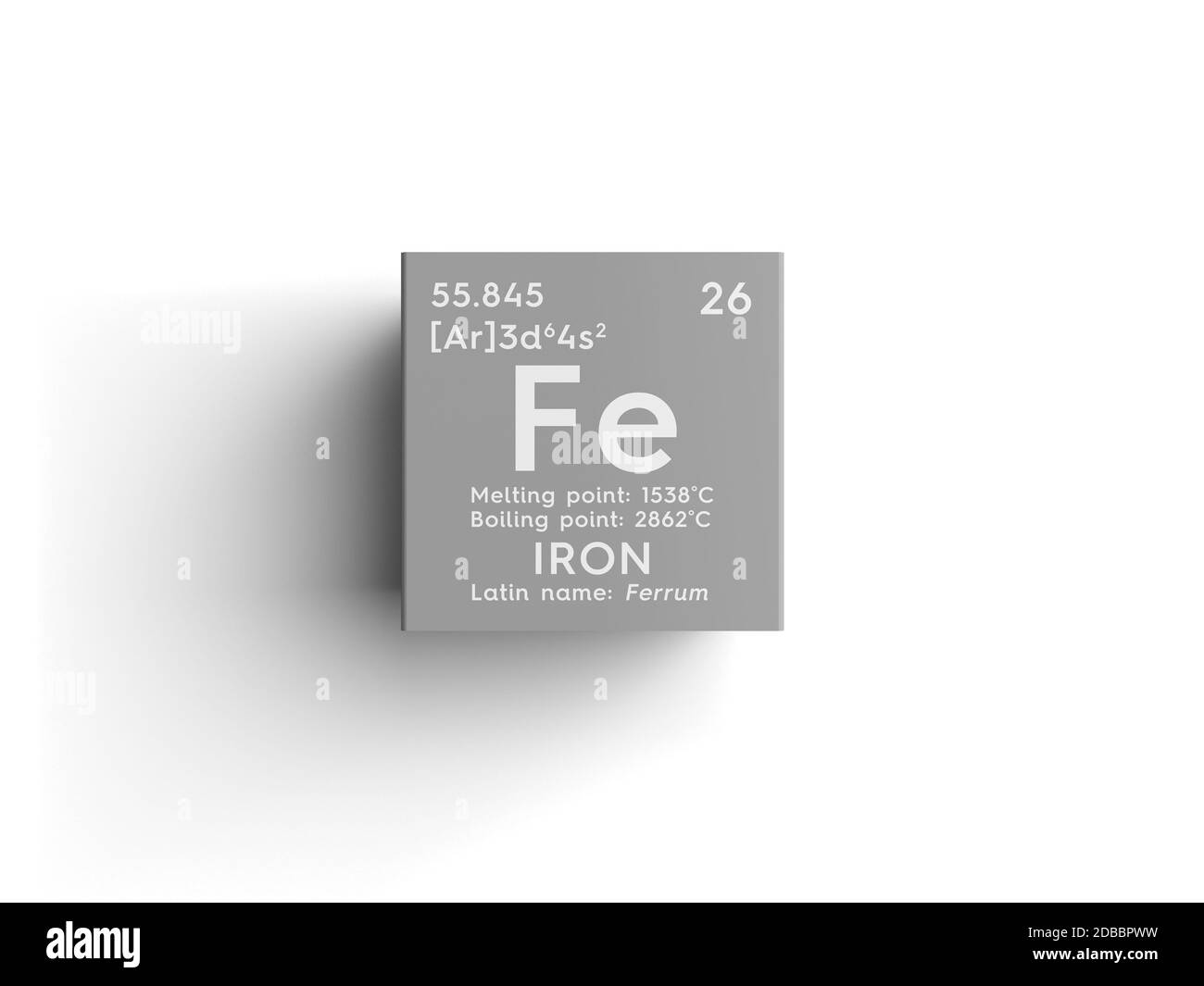 Fer à repasser. Ferrum. Métaux de transition. Élément chimique du tableau périodique de Mendeleev. Concept créatif Iron in Square cube. Illustration 3D. Banque D'Images