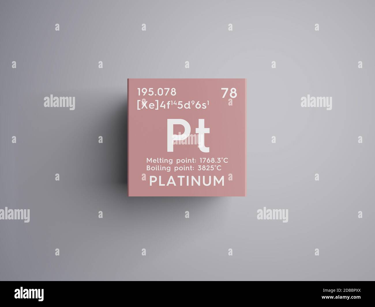 Platine. Métaux de transition. Élément chimique du tableau périodique de Mendeleev. Platine en cube carré. Illustration 3D. Banque D'Images