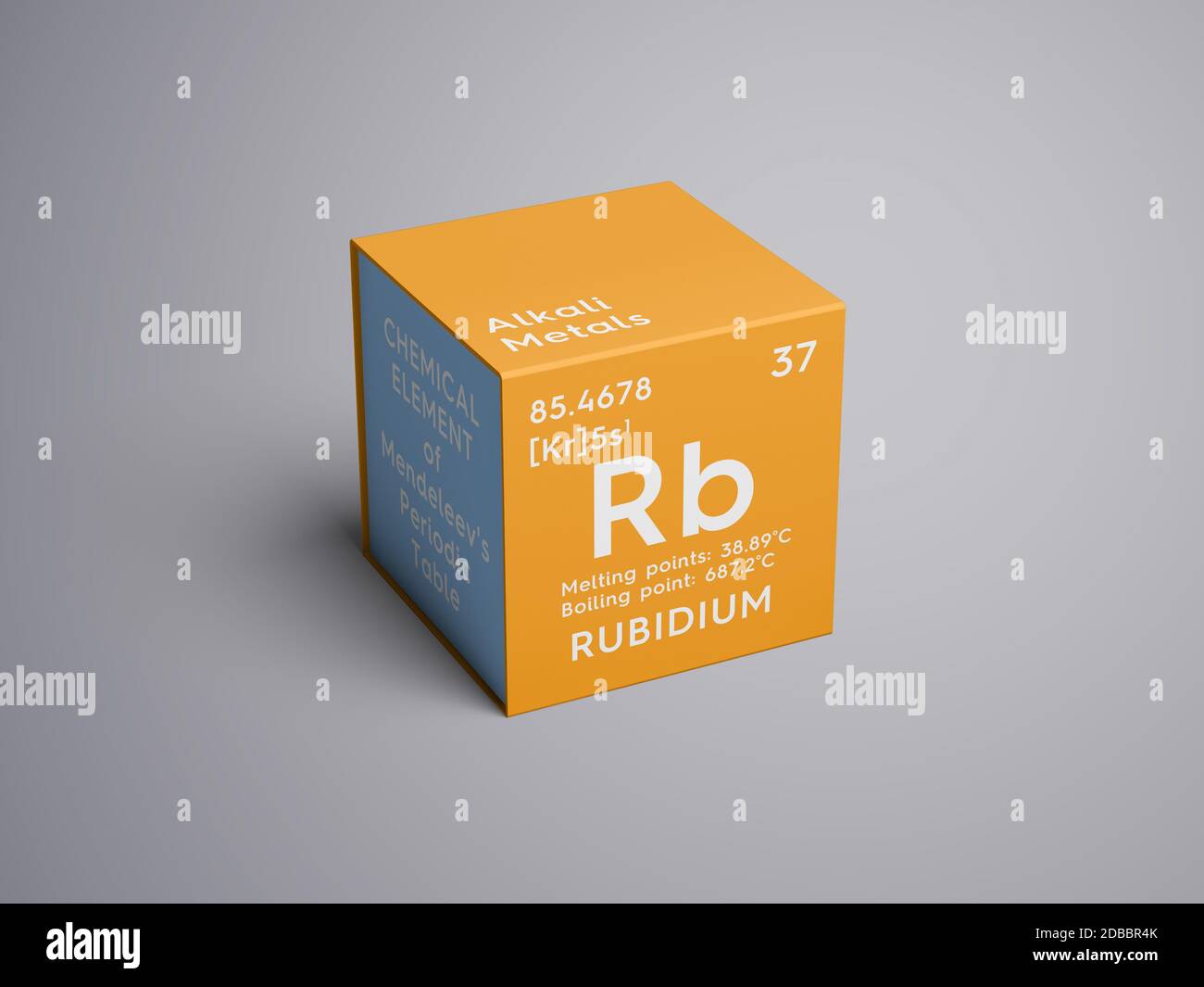 Rubidium. Métaux alcalins. Élément chimique du tableau périodique de Mendeleev. Rubidium en cube carré concept créatif. Illustration 3D. Banque D'Images