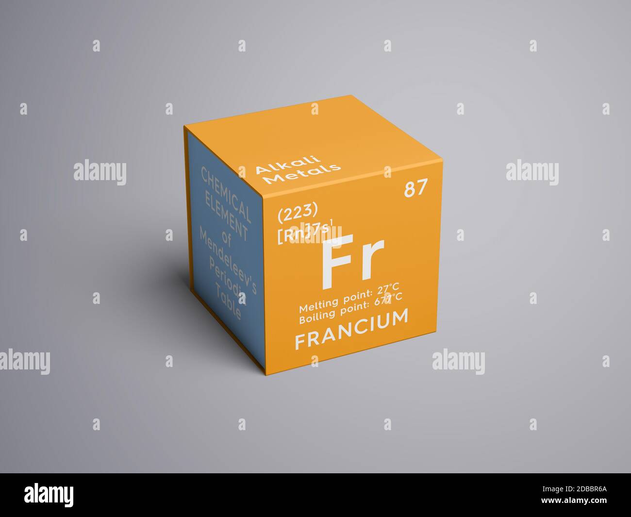 Francique. Métaux alcalins. Élément chimique du tableau périodique de Mendeleev. Francium en cube carré concept créatif. Illustration 3D. Banque D'Images