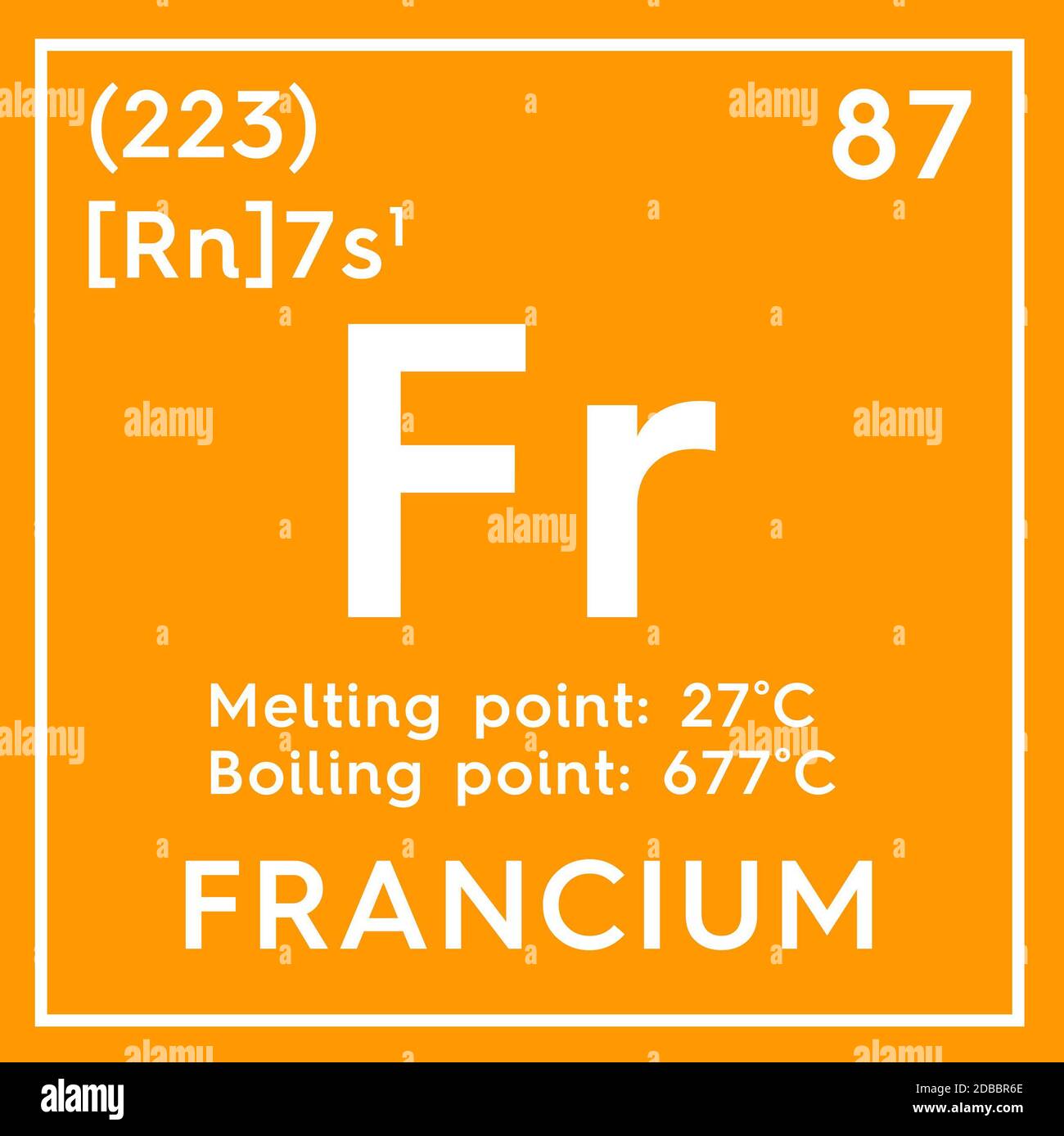 Francique. Métaux alcalins. Élément chimique du tableau périodique de Mendeleev. Francium en cube carré concept créatif. Illustration 3D. Banque D'Images