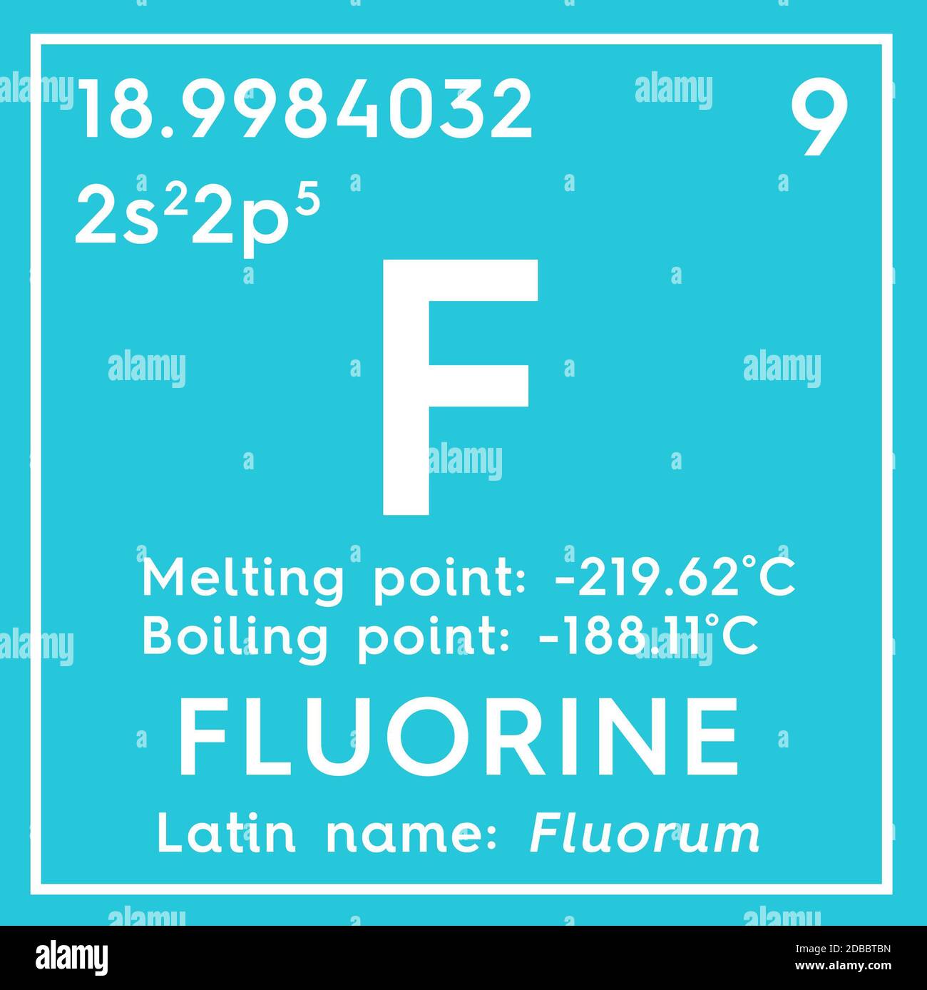 Fluor. Halogènes. Élément chimique du tableau périodique de Mendeleev. Concept créatif du fluor en cube carré. Illustration 3D. Banque D'Images