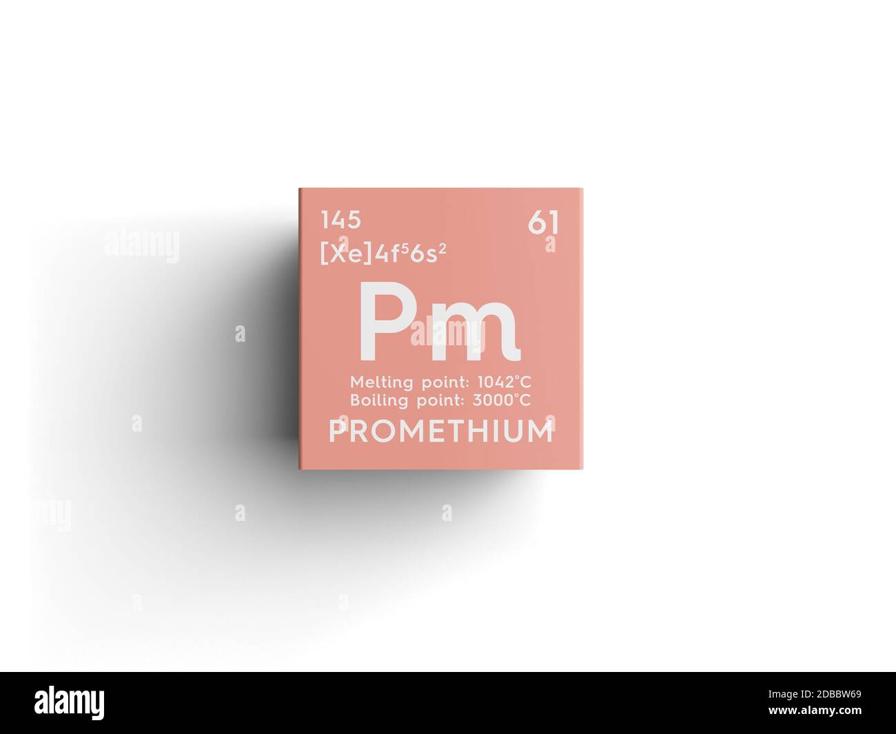 Prométhium. Lanthanoïdes. Élément chimique du tableau périodique de Mendeleev. Prométhium dans le concept créatif de cube carré. Illustration 3D. Banque D'Images