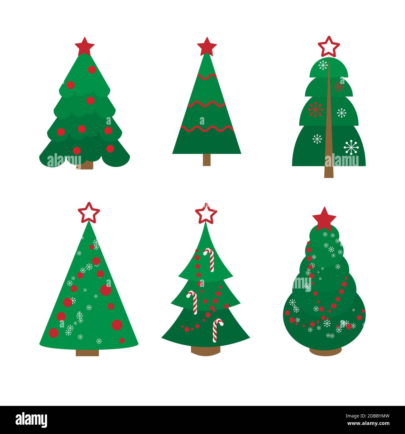 Collection d'arbres de Noël décorés pour les vacances. Illustration du stock vectoriel. Isoler sur un fond blanc. Peut être utilisé pour le Web, les affiches Illustration de Vecteur