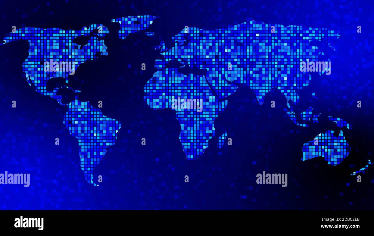 Arrière-plan abstrait - carte numérique du monde avec éléments graphiques carrés dans différentes couleurs bleues Banque D'Images