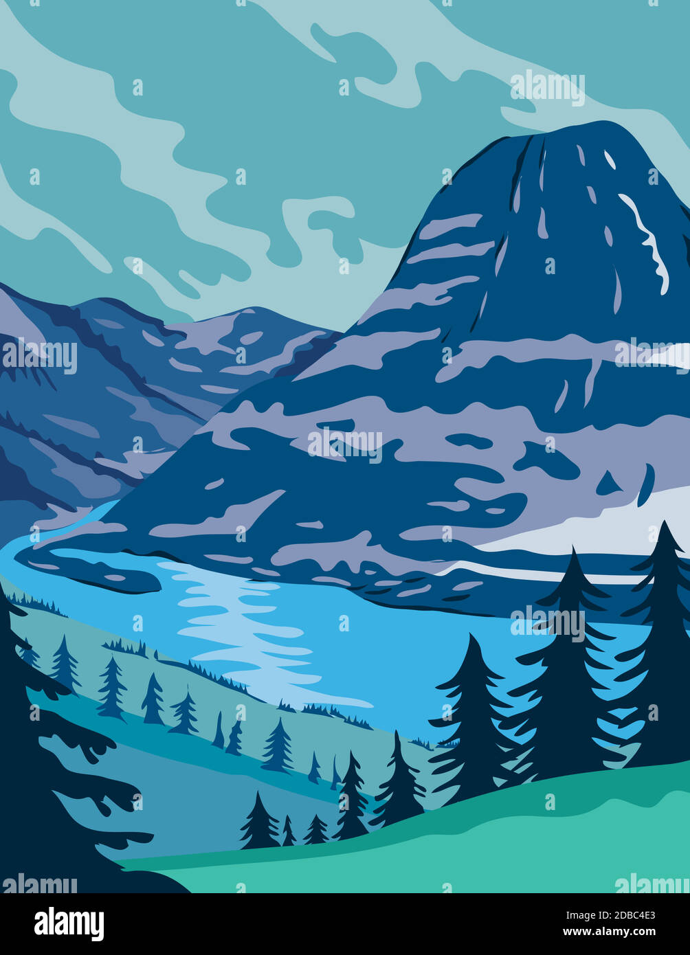 Affiche WPA art du parc national des Glaciers avec des forêts vierges, des prairies alpines, des montagnes et des lacs situés dans le Montana, États-Unis fait en travaux pro Illustration de Vecteur