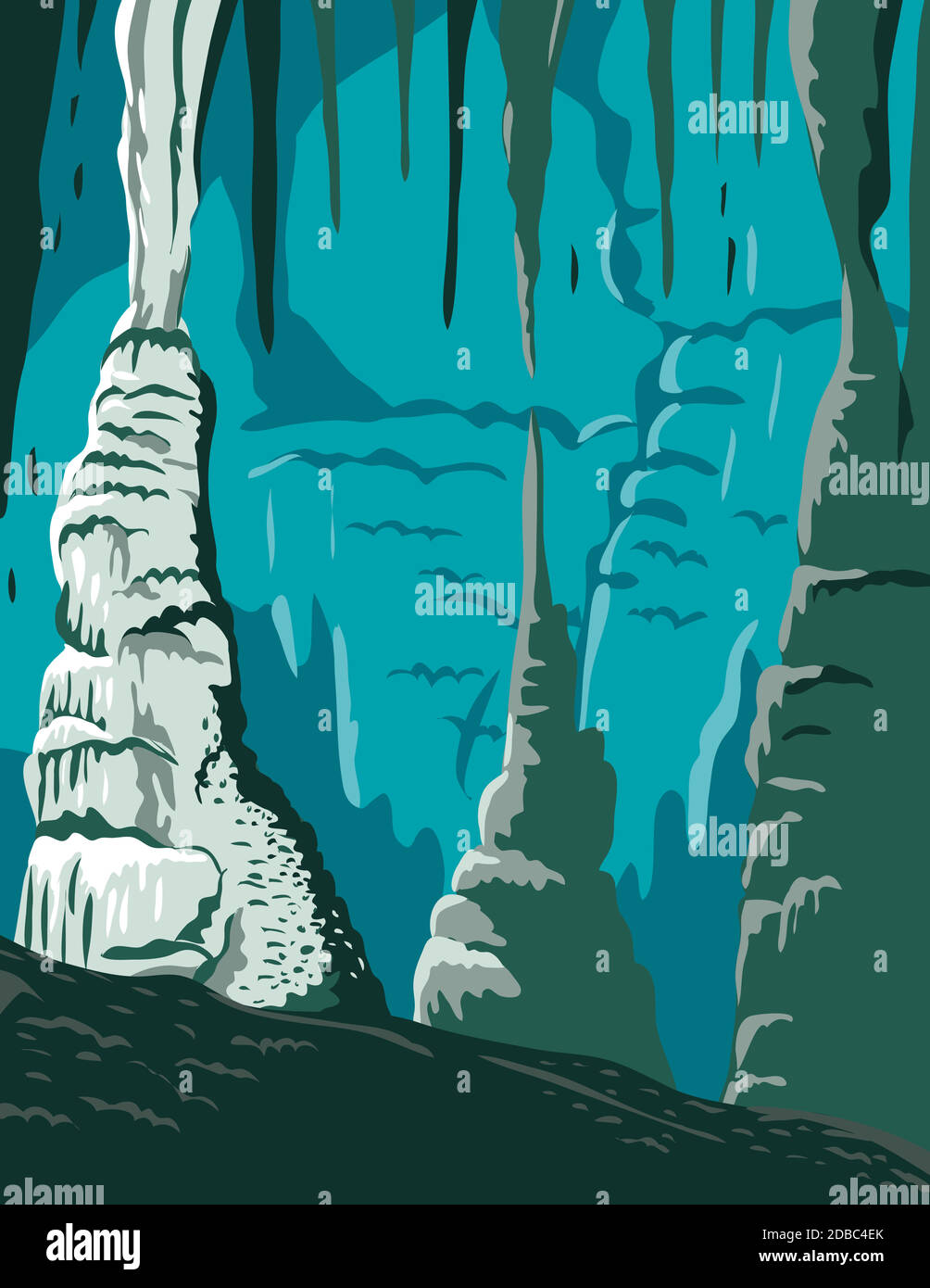 Affiche WPA du parc national de Carlsbad Caverns, une grotte d'exposition ou une grotte commerciale dans les montagnes Guadalupe Nouveau-Mexique États-Unis fait en travaux pr Illustration de Vecteur