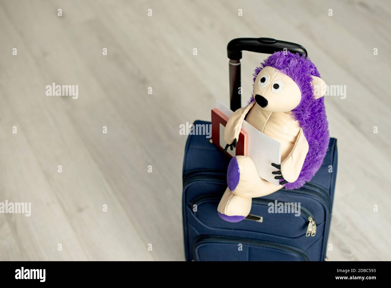 jouet sur une valise avec des feuilles de palmier, une plante maison. Hedgehog touriste. Une 