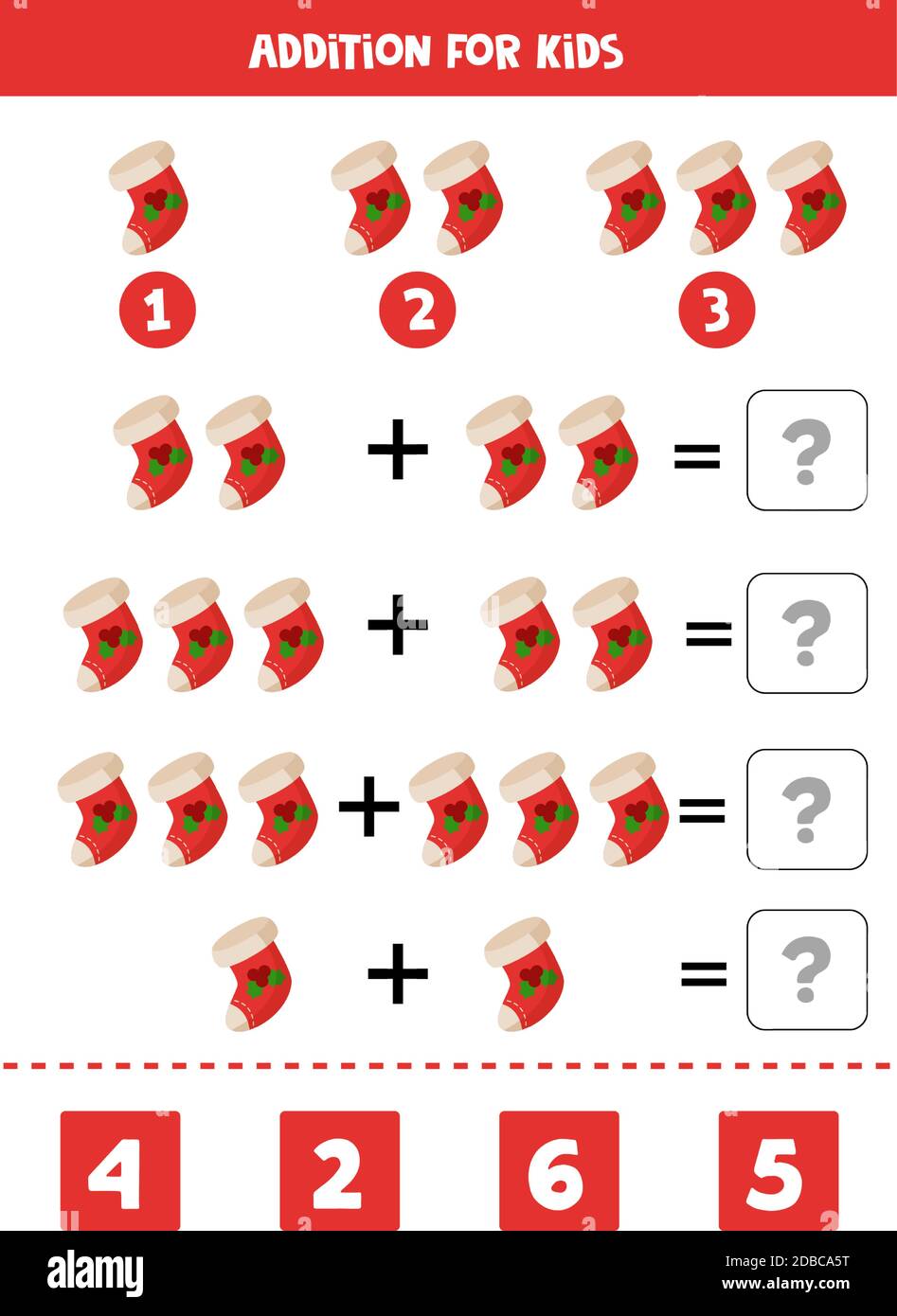 Résolvez l'équation mathématique. Chaussette de Noël à motif dessin animé. Illustration de Vecteur