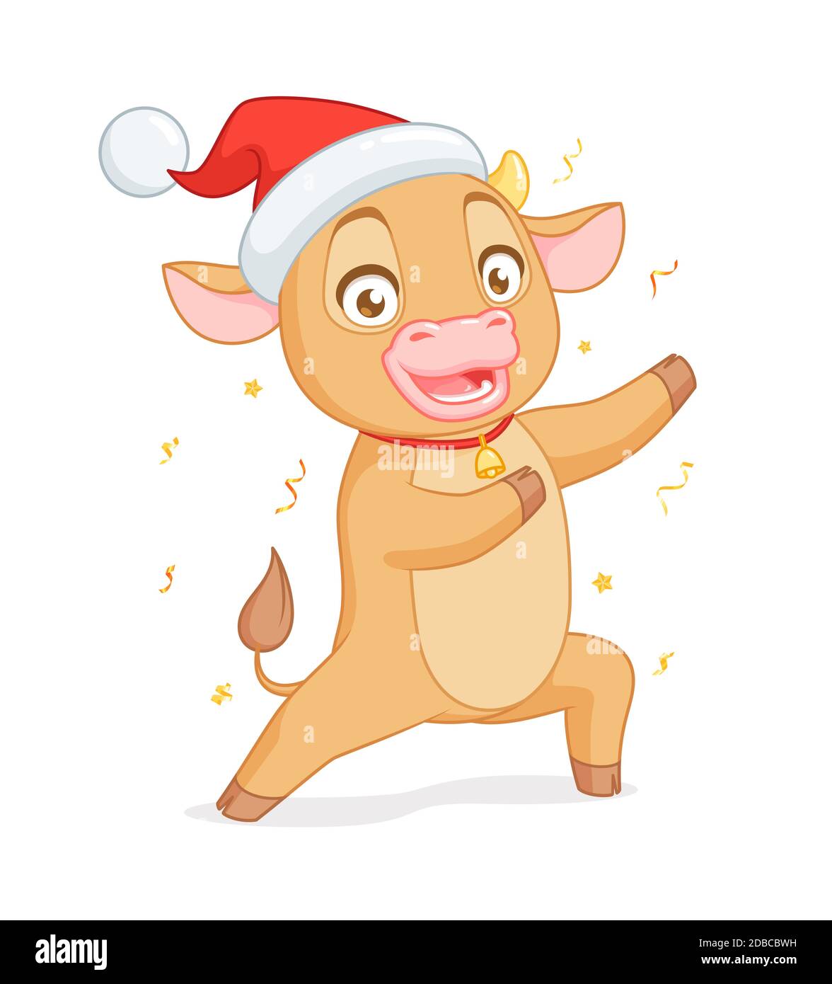 Joli bébé boeuf dans le chapeau Santas de présentation. Personnage de dessin animé vectoriel sur fond blanc. Illustration de Vecteur