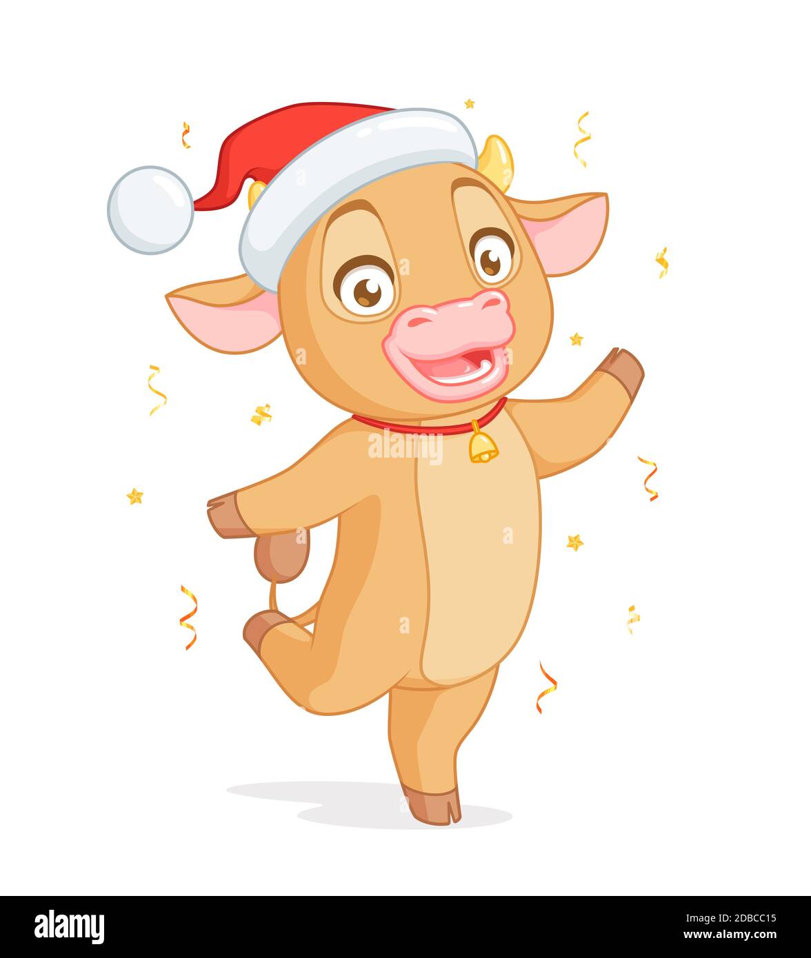 Joli bébé bœuf en chapeau Santas debout sur une jambe. Personnage de dessin animé vectoriel sur fond blanc. Illustration de Vecteur
