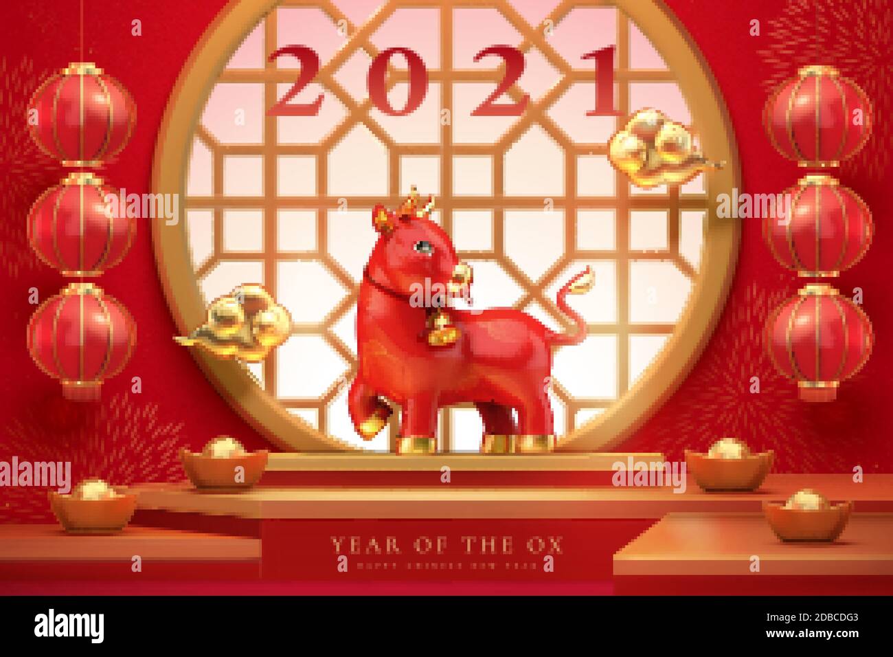 Montrant l'atmosphère de la nouvelle année par 3d illustration ox debout sur la scène à côté avec des lingots, la fenêtre chinoise traditionnelle avec lanternes et feux d'artifice b Illustration de Vecteur