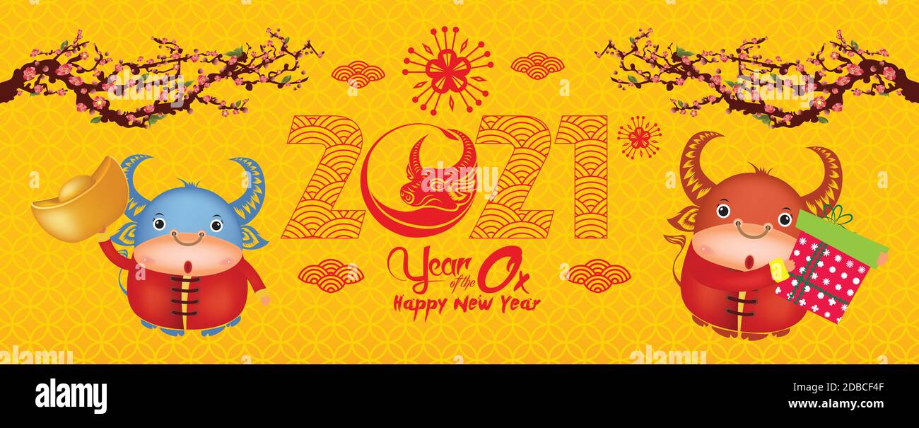 Bonne année chinoise nouvelle 2021 chinoise l'année du zodiaque du boeuf, chinoise nouvelle année 2021 de la bannière du boeuf Illustration de Vecteur
