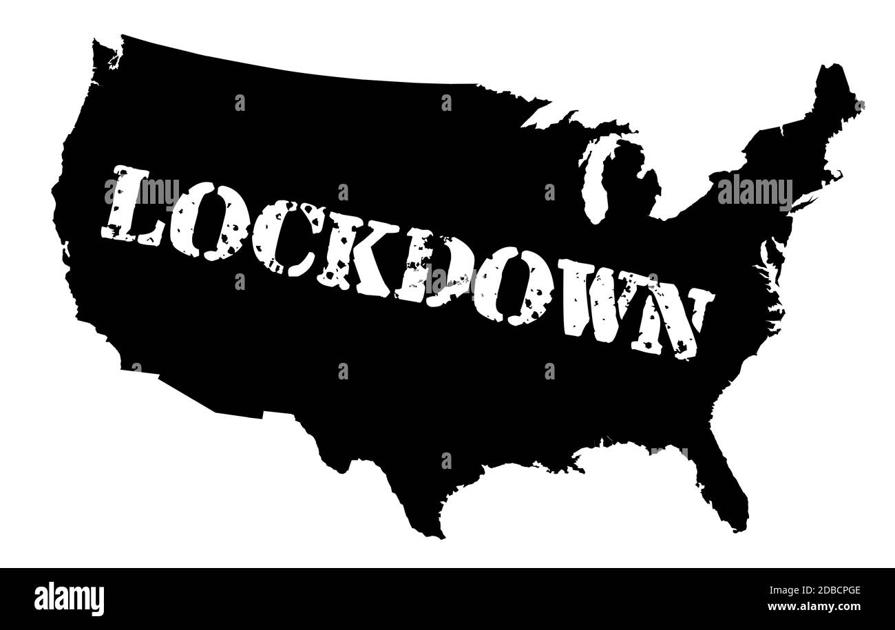 Une silhouette noire des Etats-Unis d'Amérique sur un fond blanc avec le texte Lockdown Banque D'Images