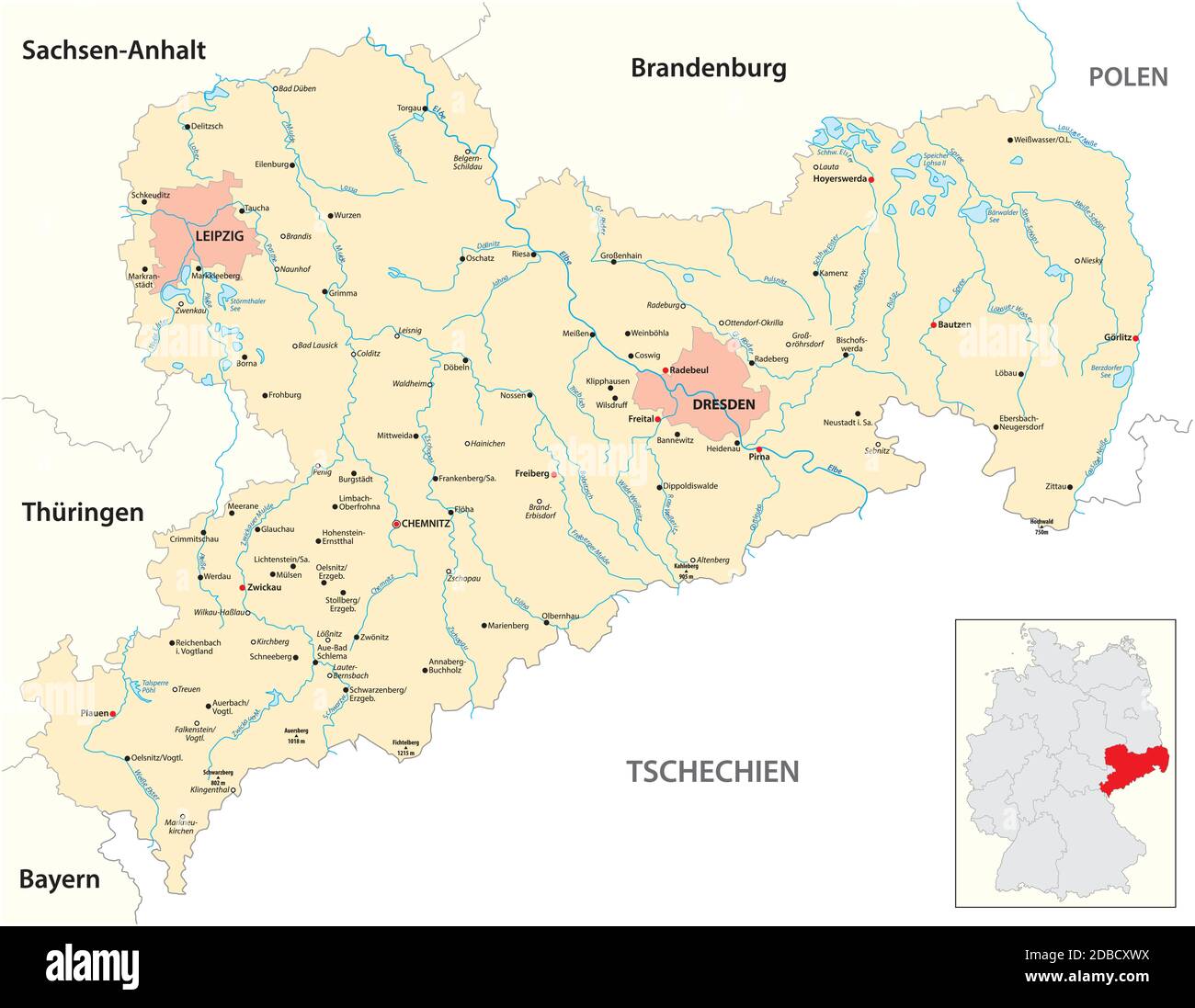 Carte vectorielle de l'État libre de Saxe, Allemagne Illustration de Vecteur