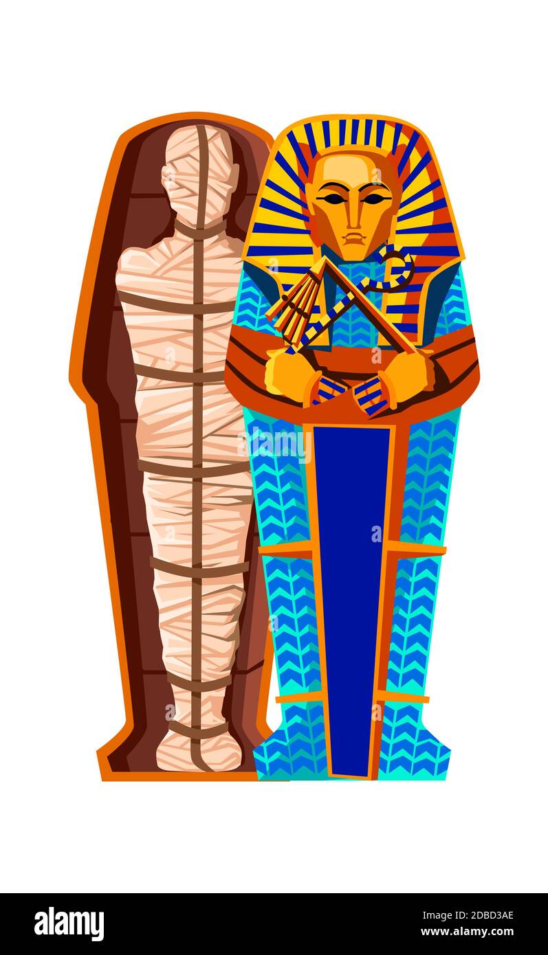 Illustration de vecteur de dessin animé de création de momie. Étapes du processus de momification, embaumant le corps mort, l'enveloppant de tissu et le plaçant dans le sarcophage égyptien. Traditions de l'Égypte ancienne, culte des morts Illustration de Vecteur