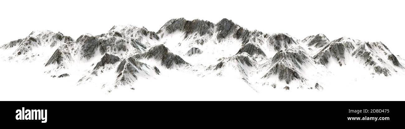 Panorama sur les montagnes enneigées sur fond blanc Banque D'Images