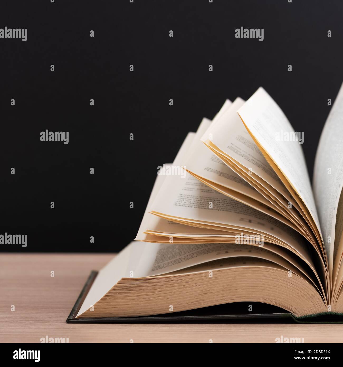 Un grand livre épais de couverture rigide se trouve sur une table en bois clair. Le livre est ouvert, les feuilles de la page sont bronzées et le dos est noir Banque D'Images