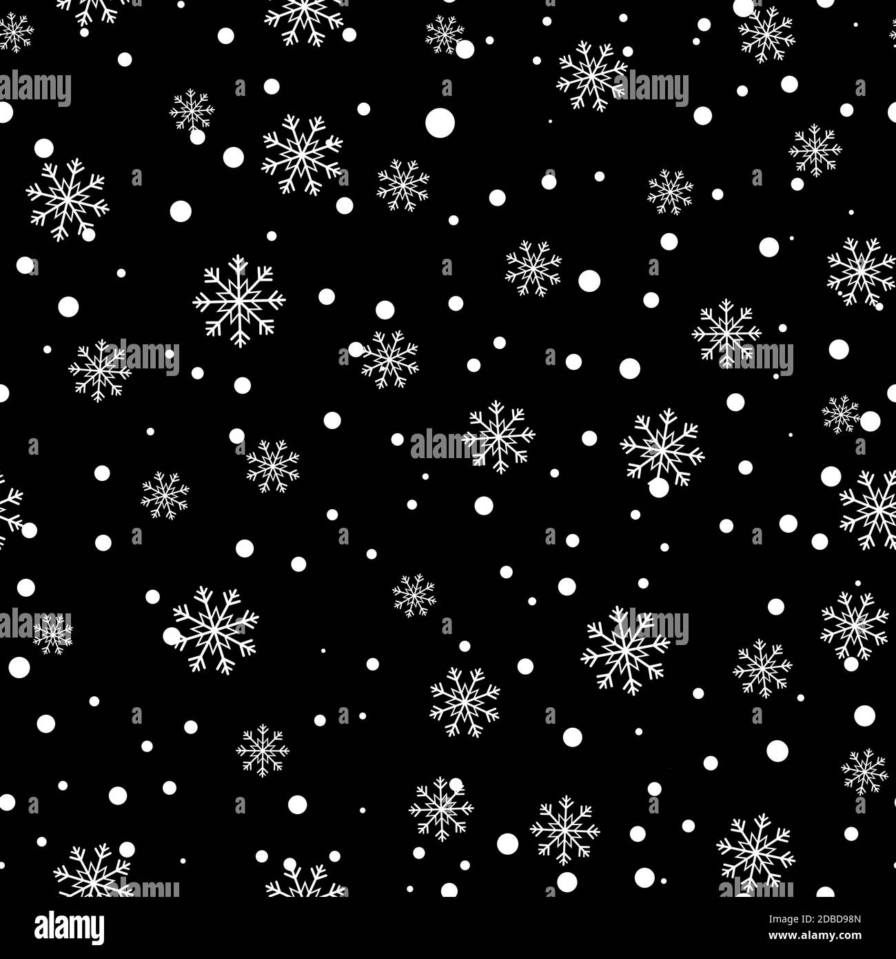 Motif flocon de neige sans coutures. Neige sur fond noir. Papier peint abstrait, décoration d'emballage. Joyeux Noël, bonne fête du nouvel an Banque D'Images