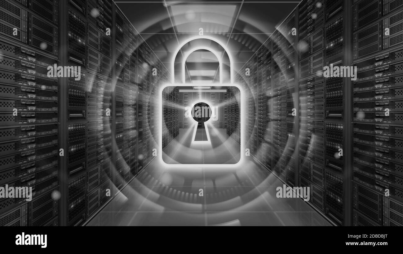 Hologramme de sécurité numérique avec cadenas dans la salle des serveurs - sécurité Cyber ou protection réseau Banque D'Images