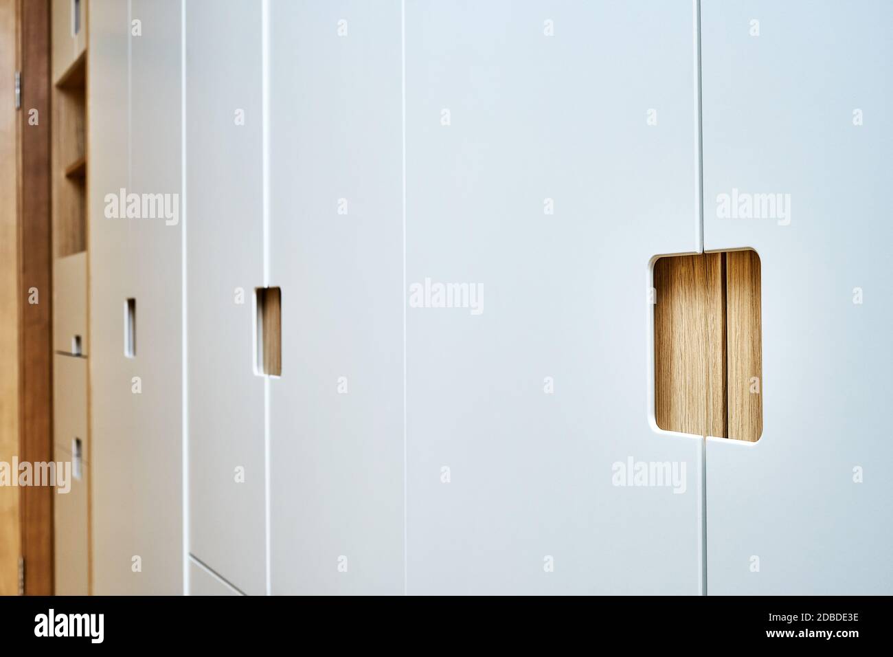 Détail de la garde-robe en gros plan. armoire moderne en bois avec portes-penderie plates à tirer sur les doigts. Armoires en contreplaqué plaqué chêne avec peinture gris clair ca Banque D'Images
