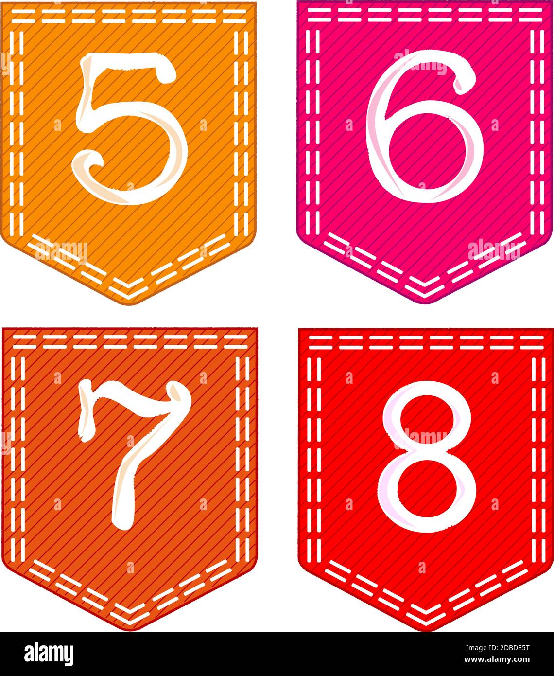 Quatre poches en tissu avec les numéros 5, 6, 7, 8 cousues. Banque D'Images