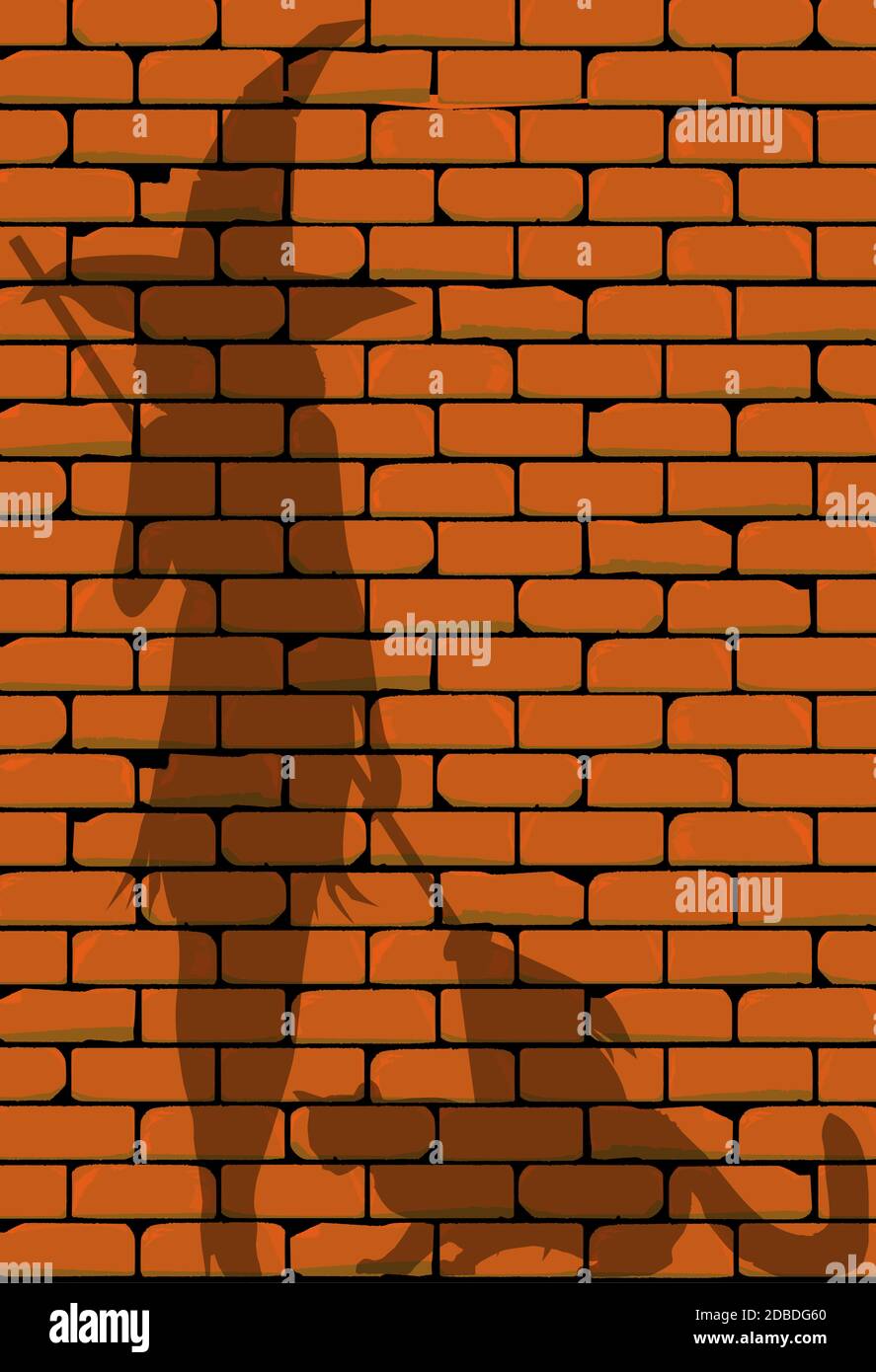 Un mur de brique rouge montrant la silhouette d'une sorcière et son chat. Banque D'Images