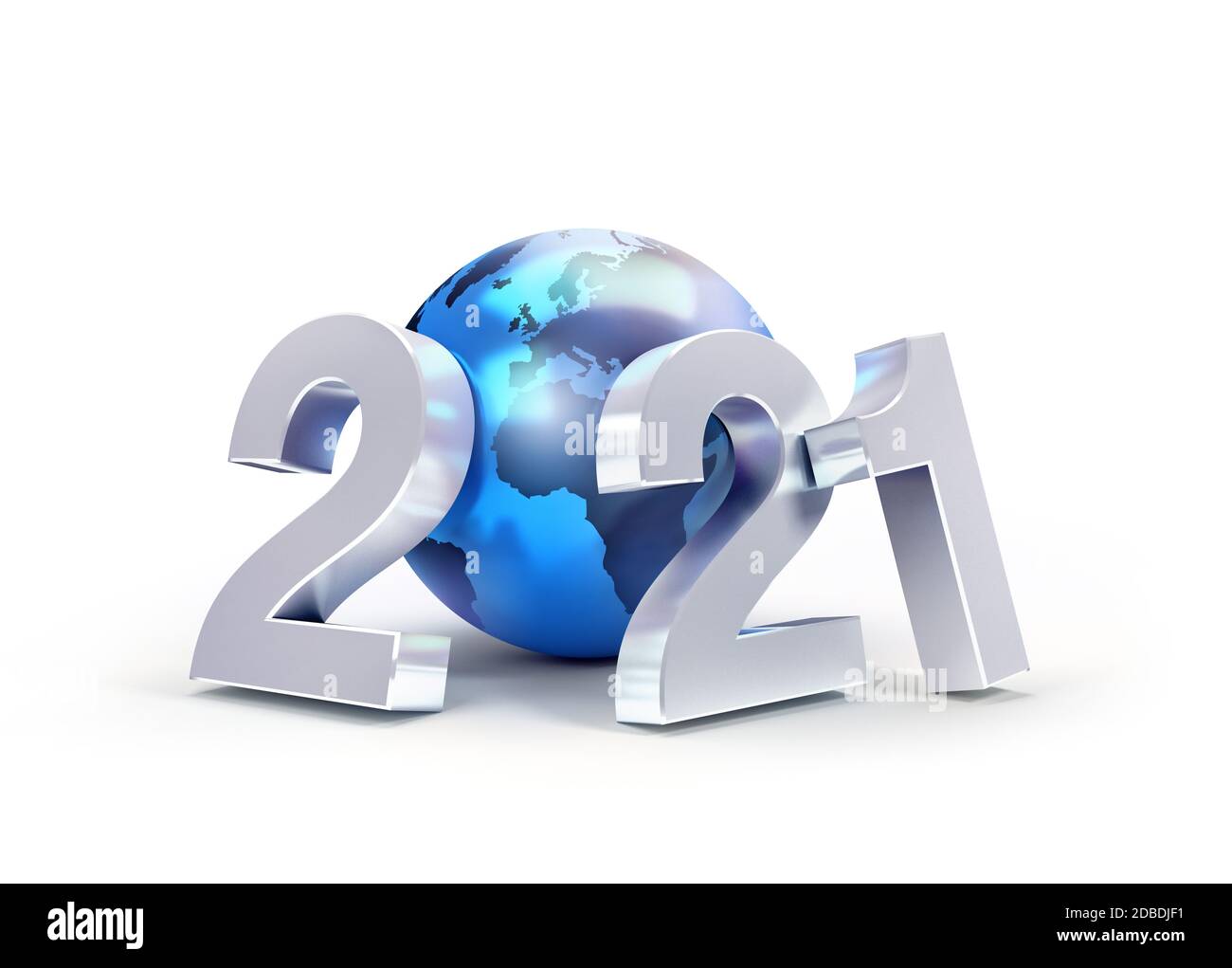 2021 Numéro de la date du nouvel an composé d'une planète bleue, concentrée sur l'Europe et l'Afrique, isolée sur blanc - illustration 3D Banque D'Images