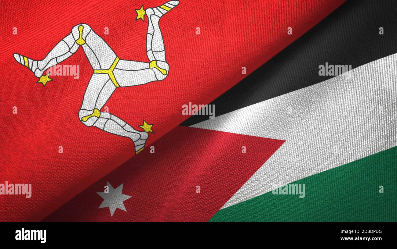 Isle of Mann et Jordan deux drapeaux tissu textile, texture de tissu Banque D'Images