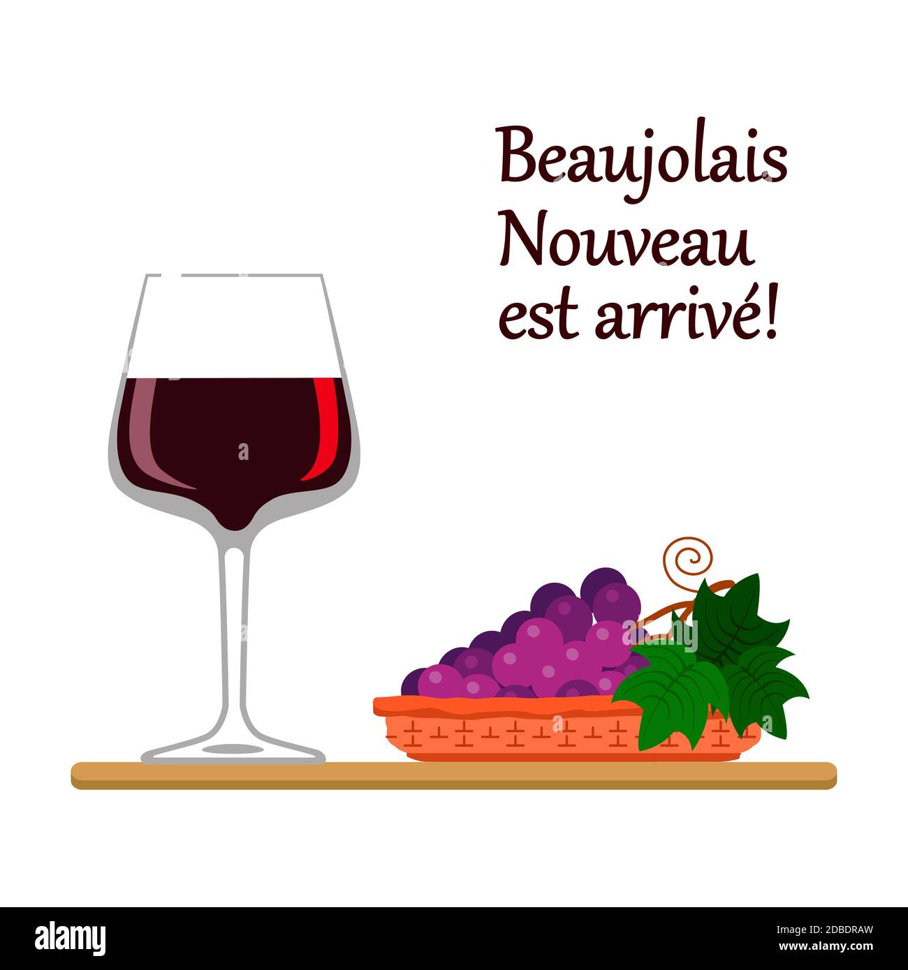 Boissons alcoolisées. Verre à vin avec vin rouge et raisins sur fond blanc. Illustration vectorielle Banque D'Images