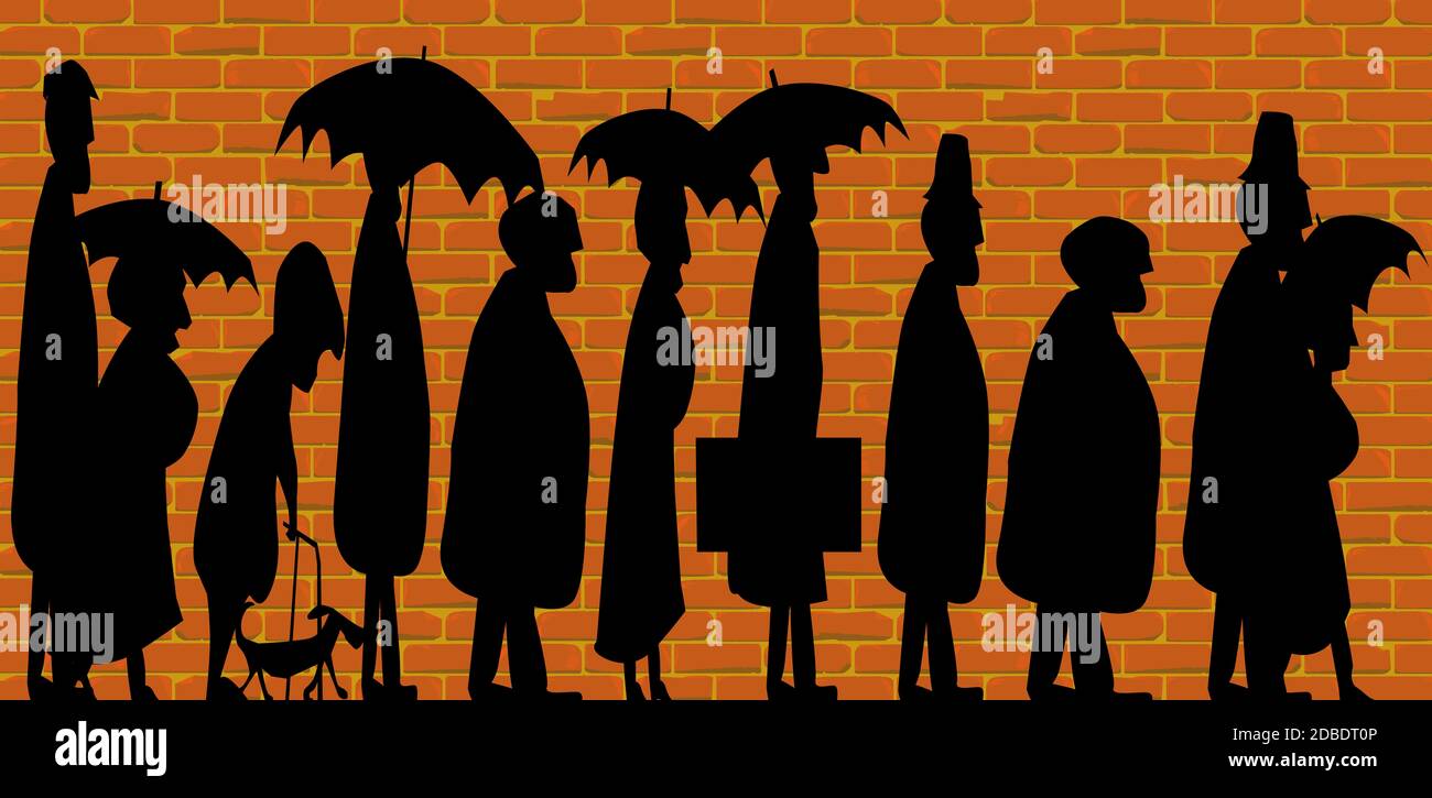 Silhouette de personnes âgées se tenant dans la ligne. Banque D'Images