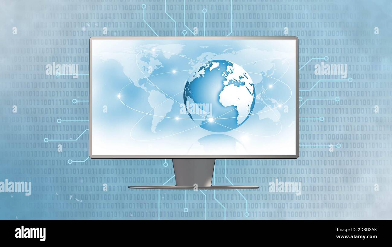 Téléviseur avec globe terrestre en face de la carte du monde - arrière-plan de code binaire Banque D'Images
