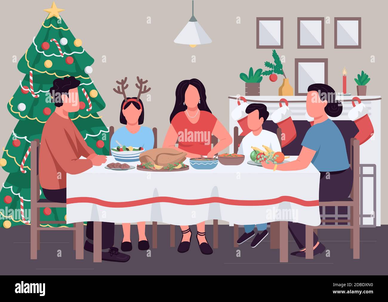 Illustration vectorielle de couleur plate pour le dîner de Noël en famille Illustration de Vecteur