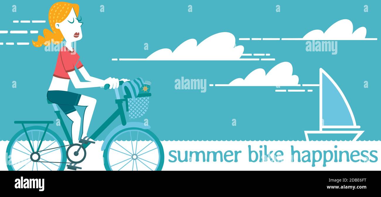 Illustration d'une femme qui fait une balade à vélo lors d'une belle journée d'été. Illustration de Vecteur