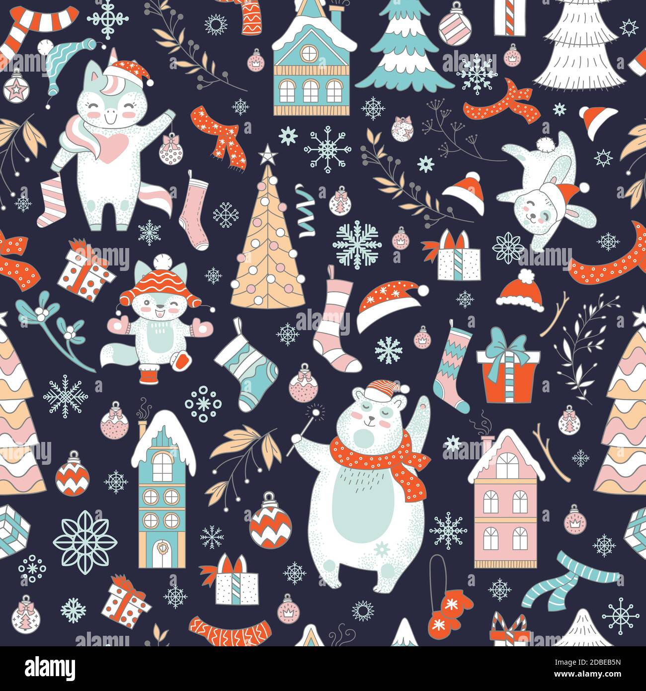 Personnages et éléments de Noël motif bleu marine sans coutures Illustration de Vecteur